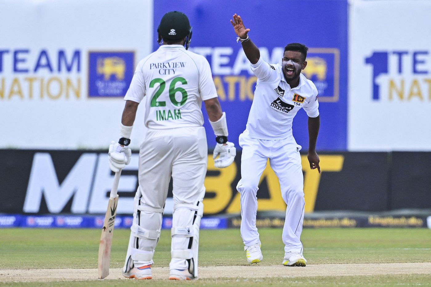 Ramesh Mendis unsuccessfully appeals for lbw against Babar Azam