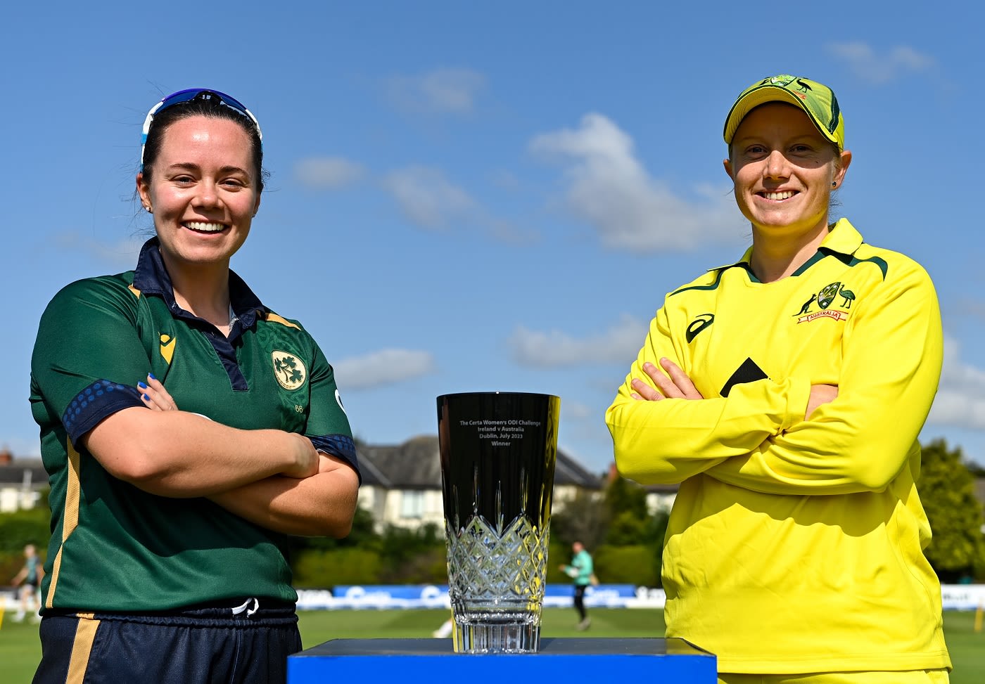 Laura Delany and Alyssa Healy pose with the women's ODI series trophy