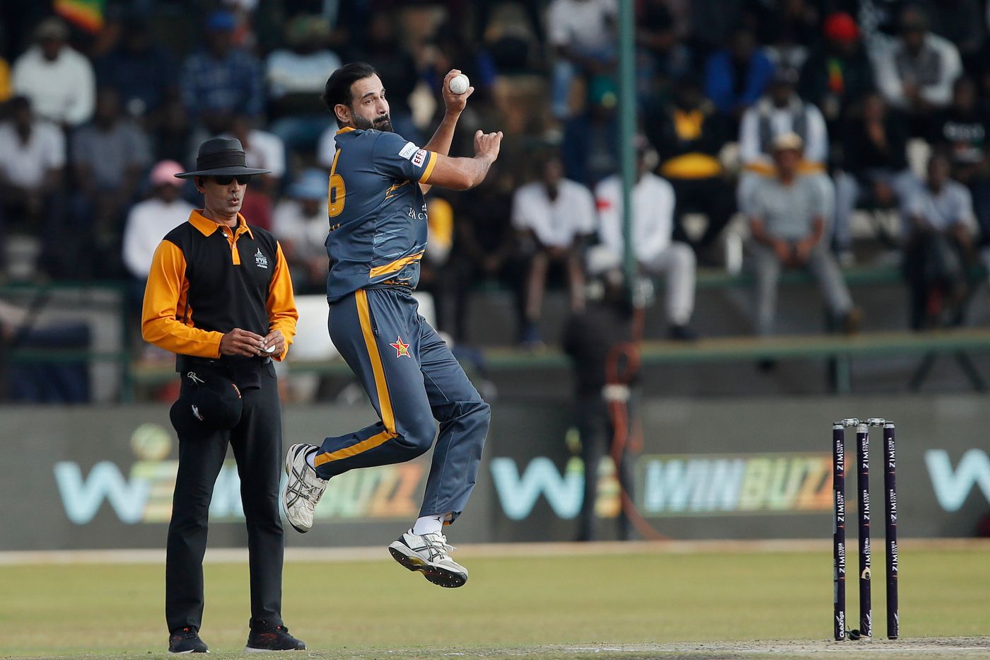 Irfan Pathan bowls for Harare Hurricanes in the Zim Afro T10