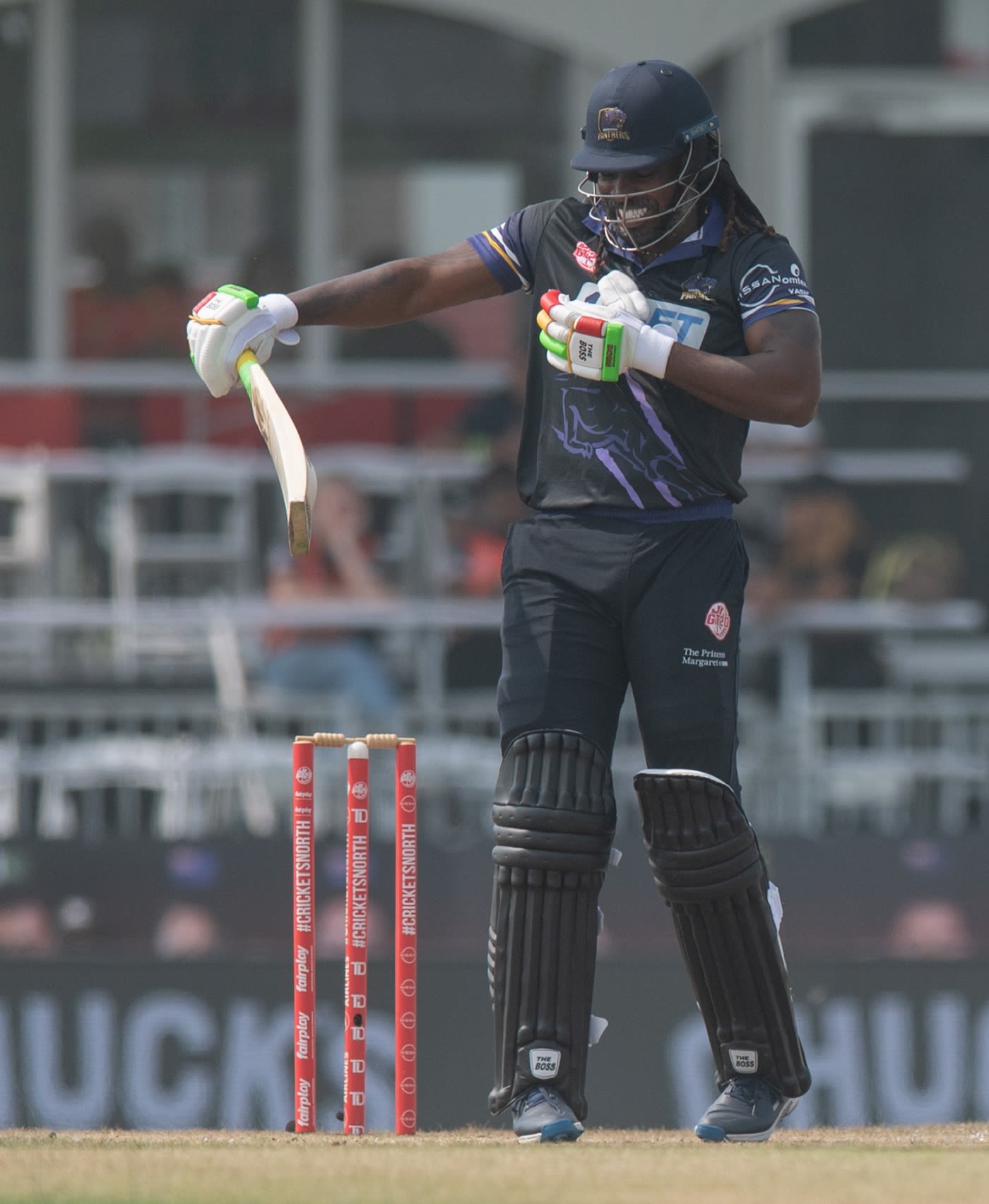Chris Gayle is caught in a tangle