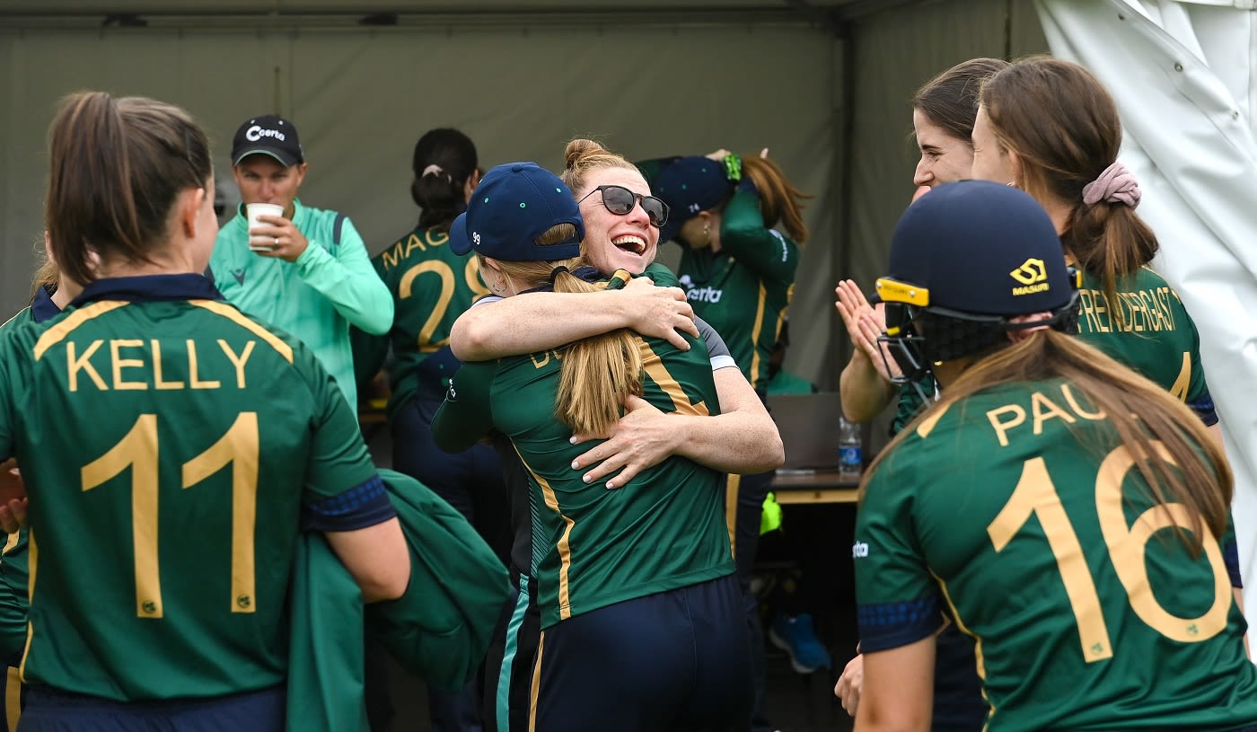 Mary Waldron gets a warm hug from her Ireland team-mates after announcing her retirement