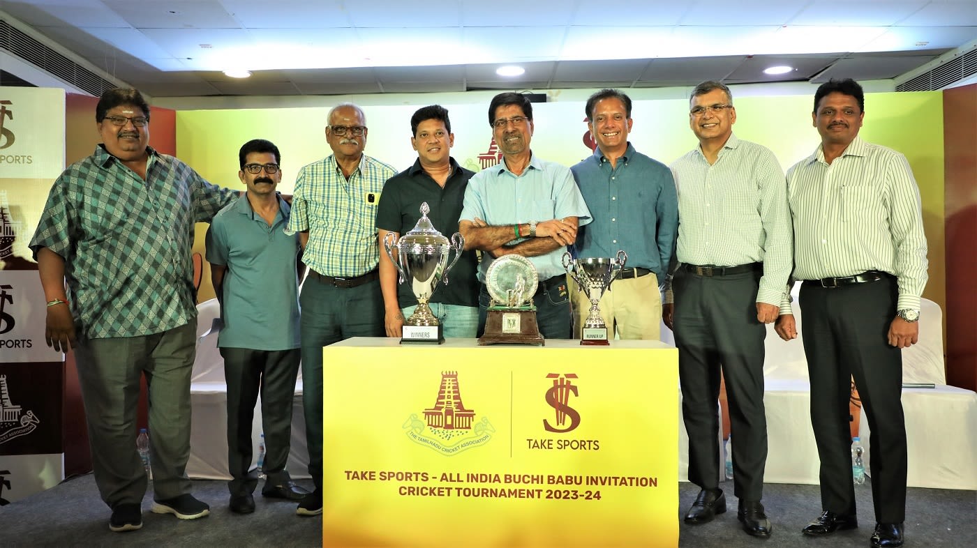 Kris Srikkanth and TNCA officials Kasi Viswanathan and Ashok Sigamani at the launch of the 2023-24 Buchi Babu tournament