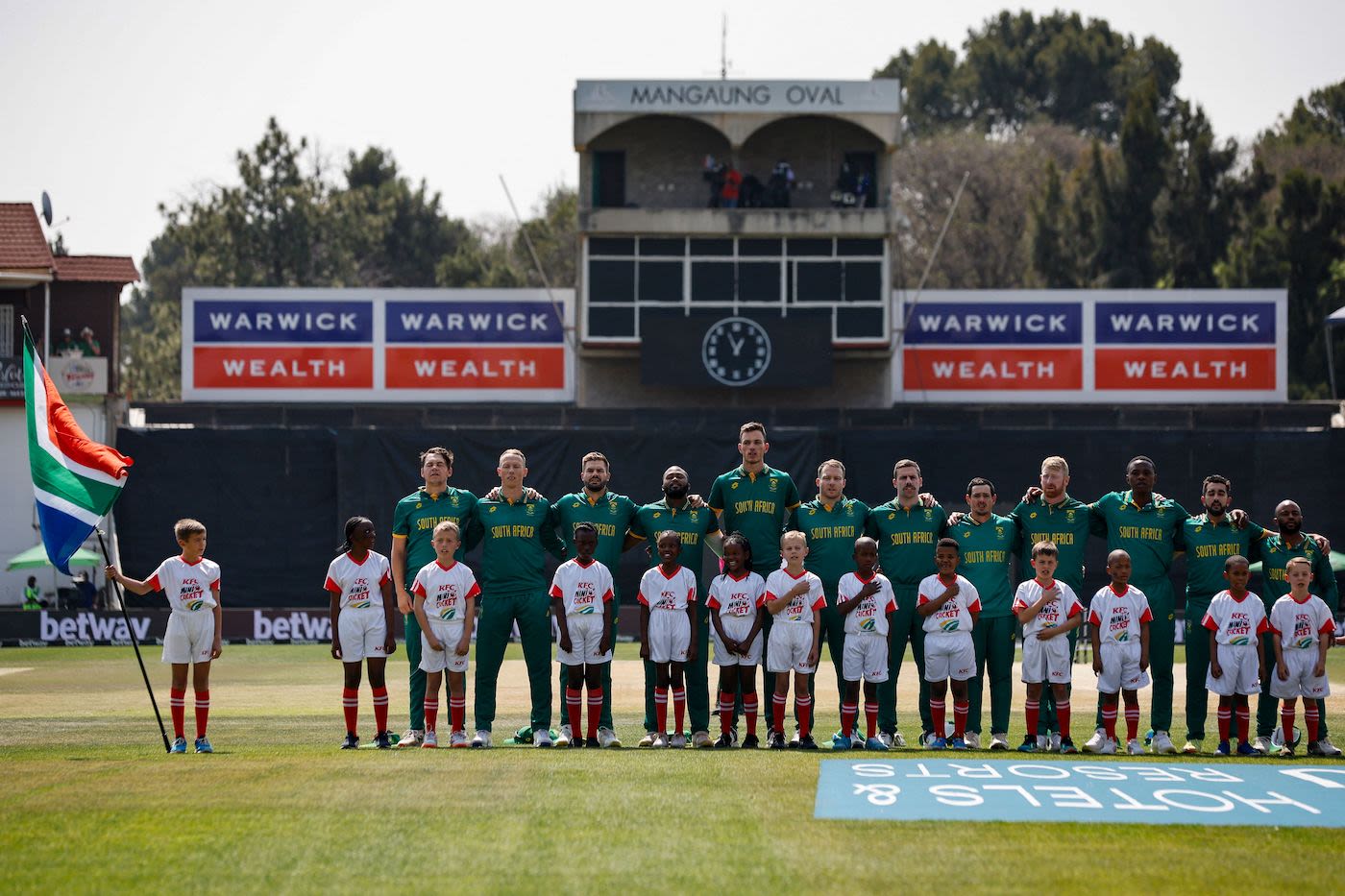 South Africa's team line up for the national anthem