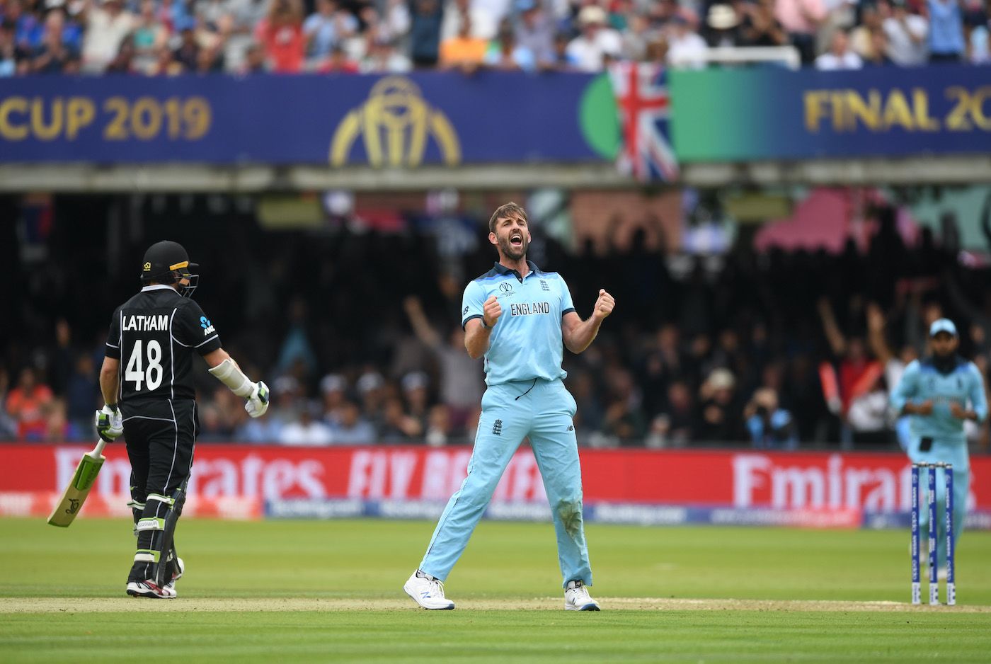Liam Plunkett celebrates Tom Latham's wicket
