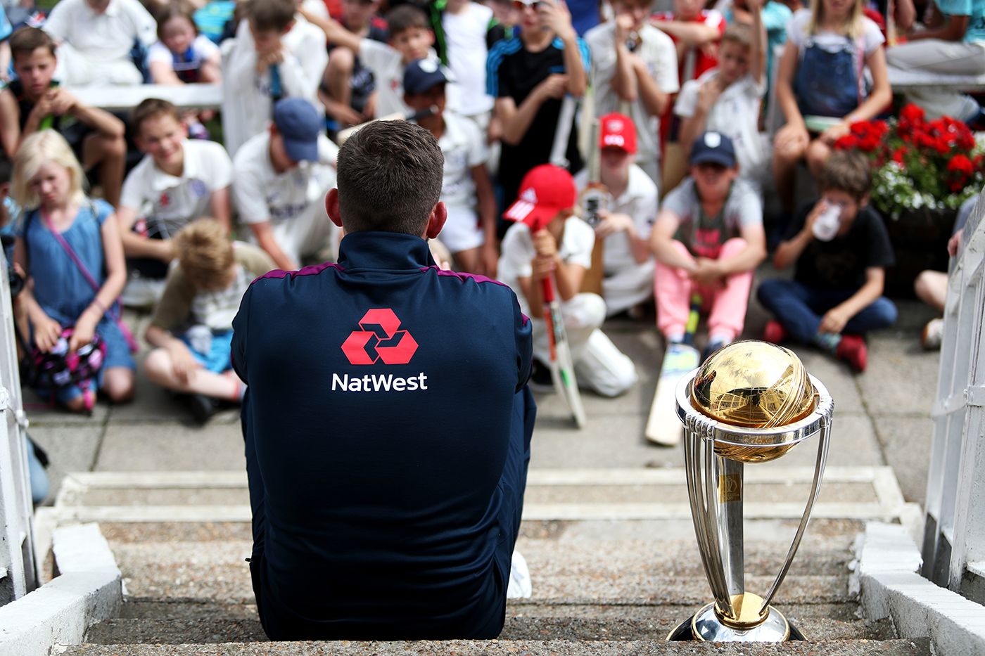 Liam Plunkett attends a junior cricket session at Dulwich Cricket Club