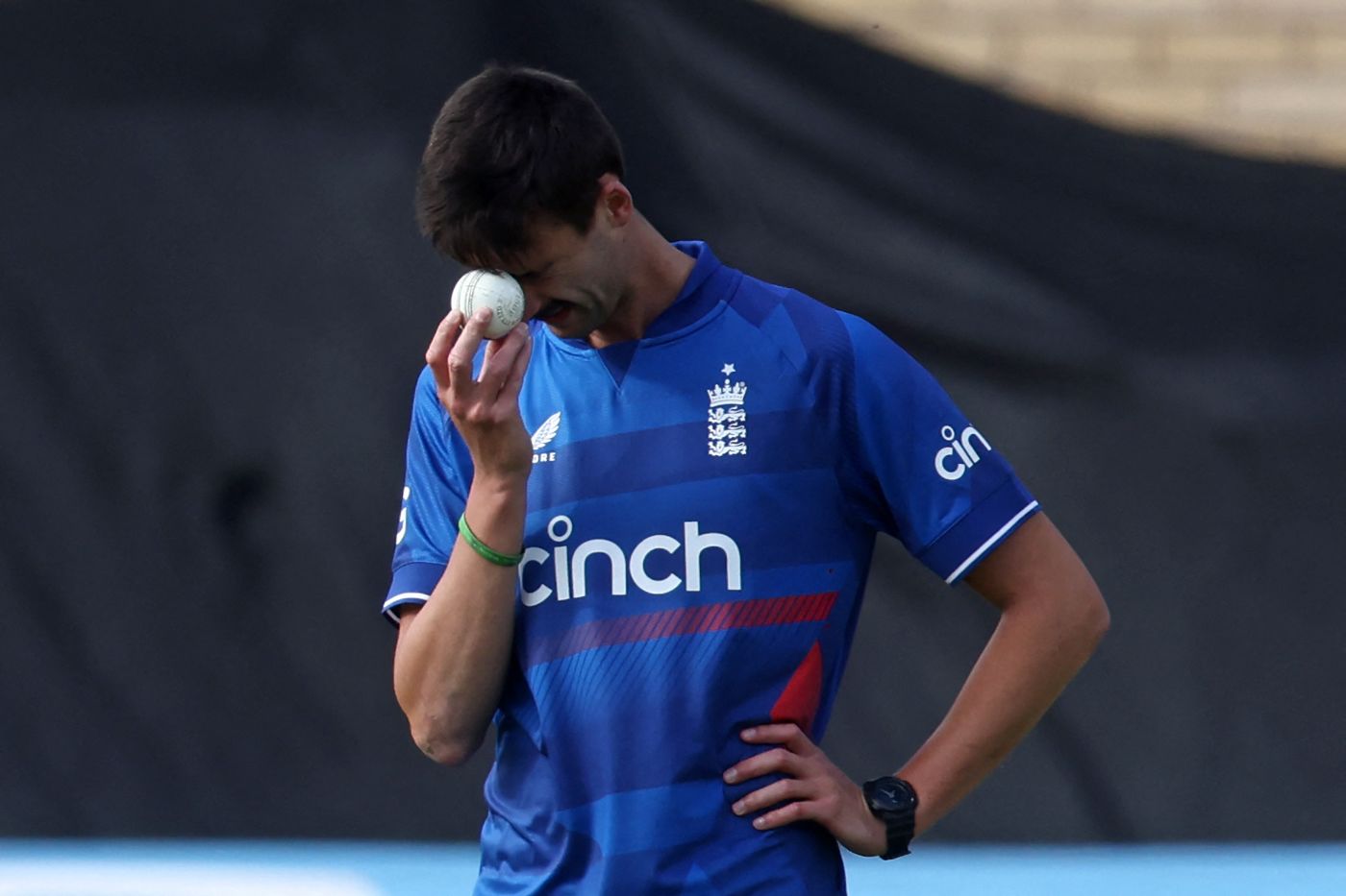 George Scrimshaw winces after another no-ball in a nervy opening spell