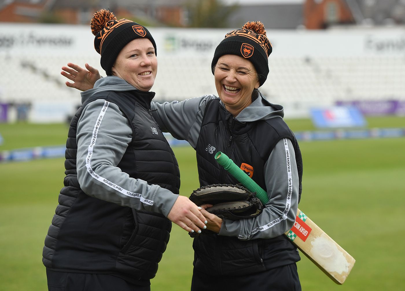 Anya Shrubsole and Charlotte Edwards share a laugh