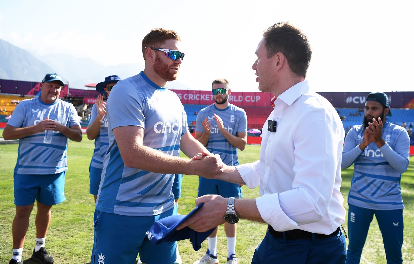 Eoin Morgan presents Jonny Bairstow with his 100th ODI cap