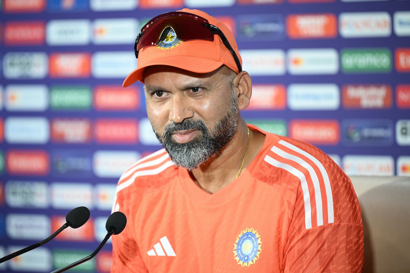 Paras Mhambrey, India's bowling coach, speaks to the media