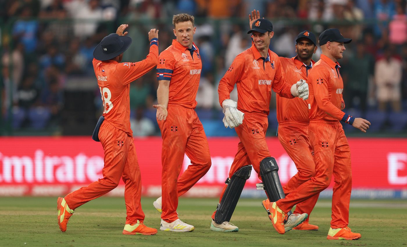 Logan van Beek dismissed both openers 35 overs apart