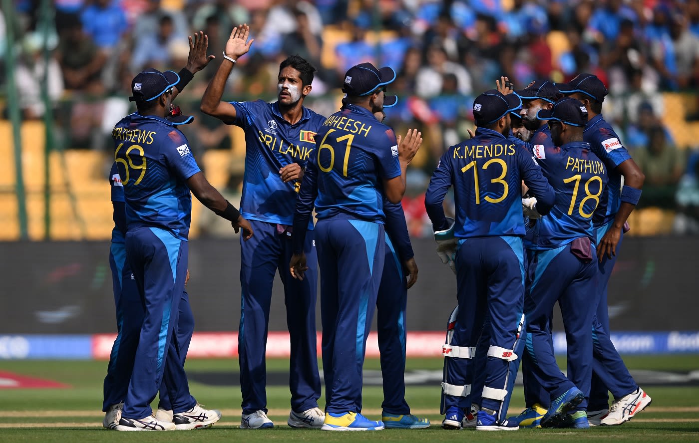 Kasun Rajitha celebrates after he sent back Jonny Bairstow for 30