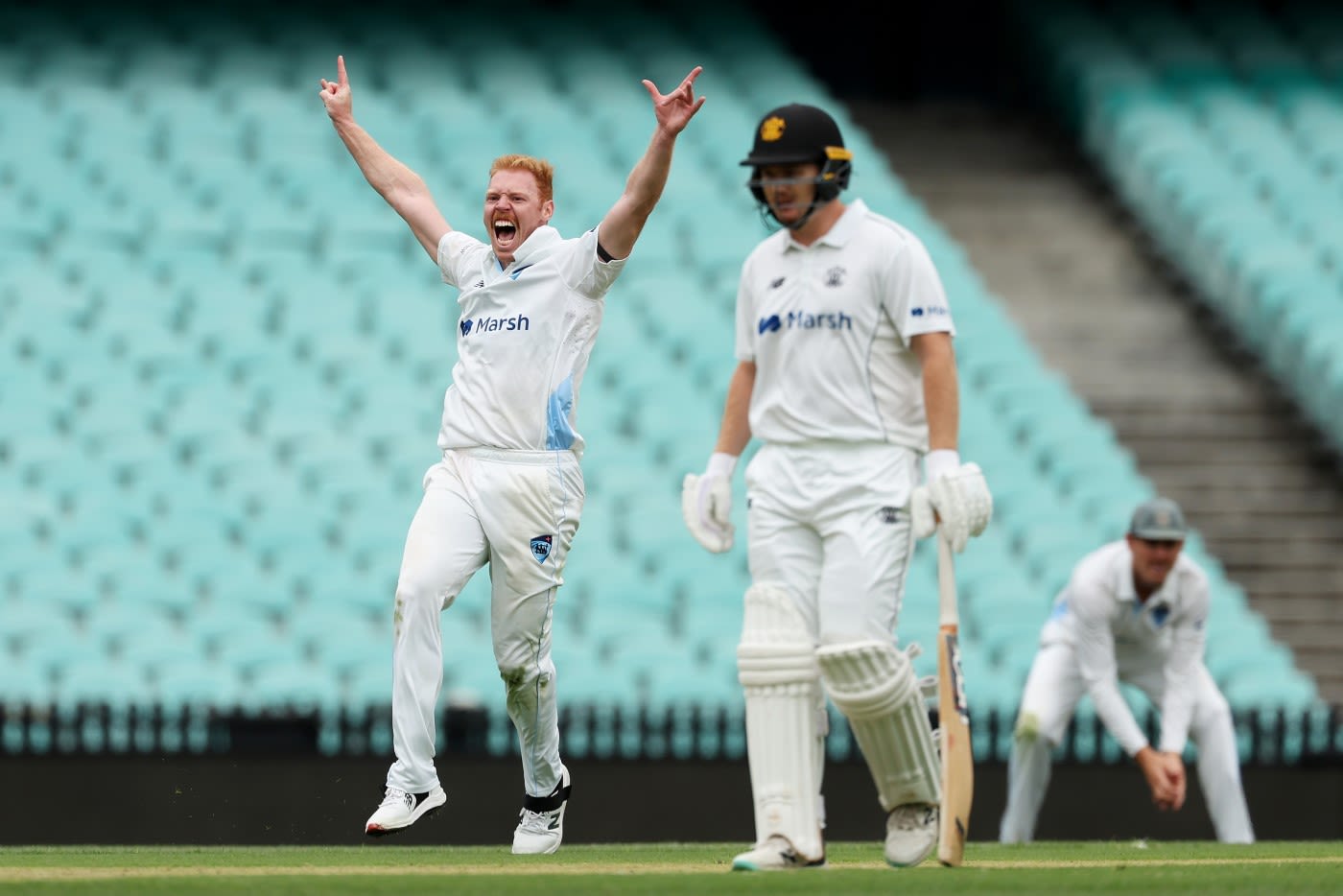 Liam Hatcher appeals for an lbw