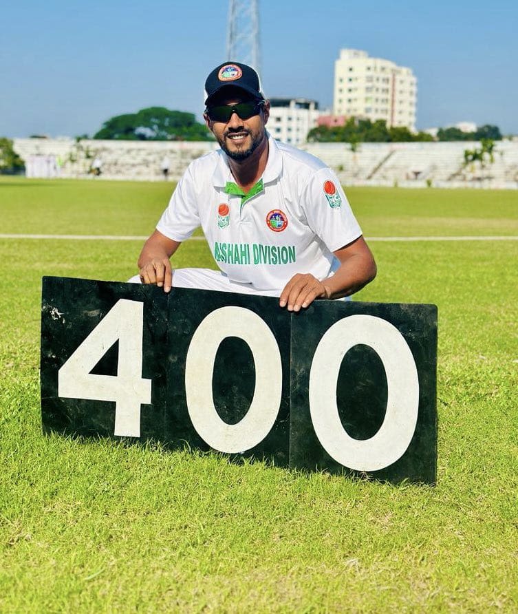 Rajshahi left-arm spinner Sunzamul Islam celebrates after completing 400 wickets in first-class cricket