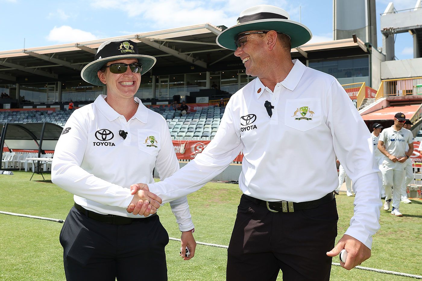 Claire Polosak walks out in her first Sheffield Shield match