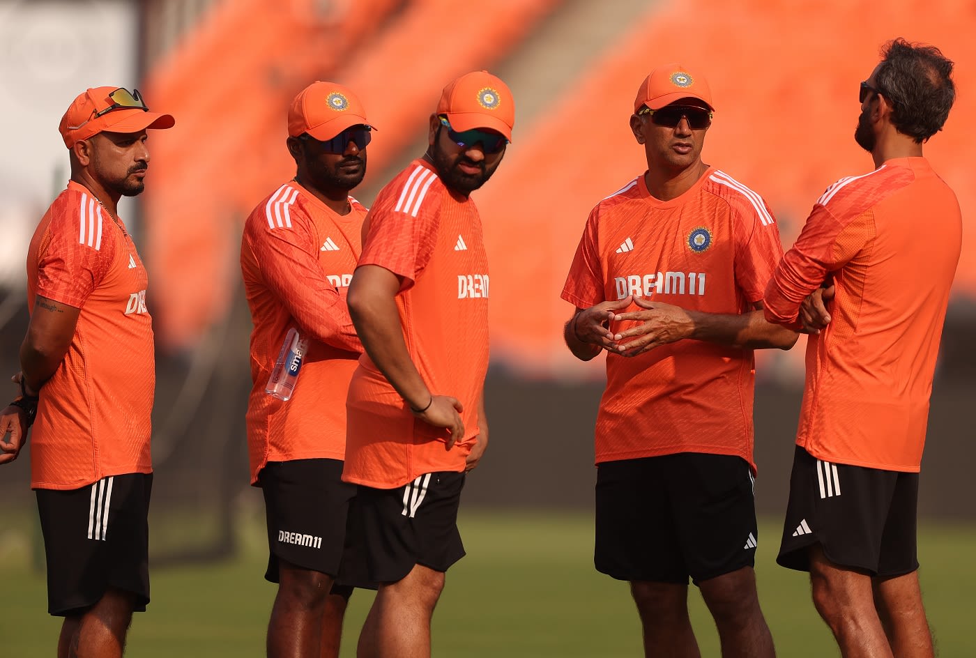The Indian think-tank: Fielding coach T Dilip, data analyst Hari Prasad, captain Rohit Sharma, head coach Rahul Dravid and batting coach Vikram Rathour have a chat