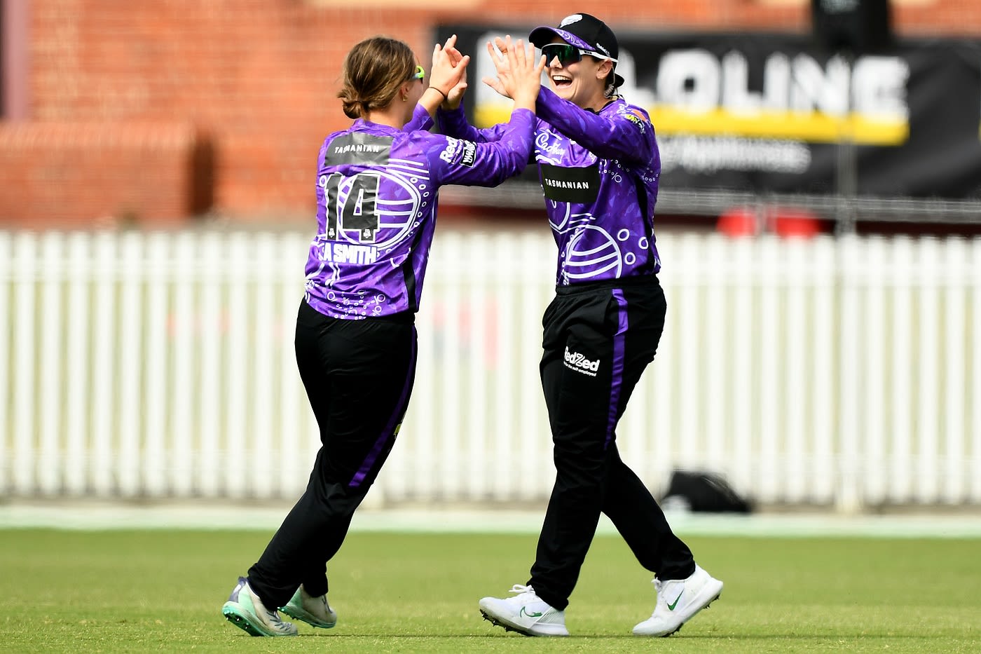 Heather Graham and Amy Smith celebrate the fall of a wicket