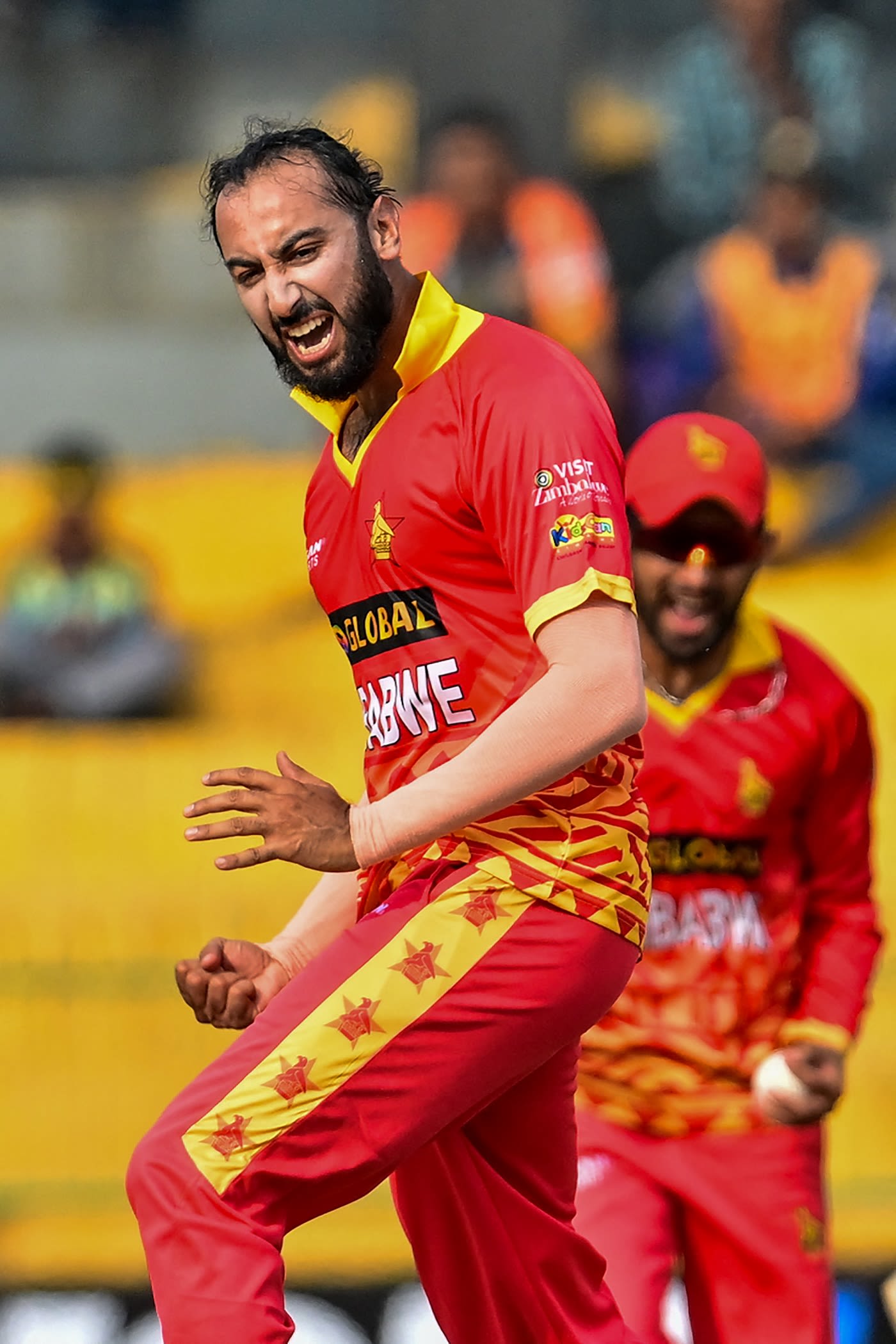 Faraz Akram after his first wicket in ODI cricket