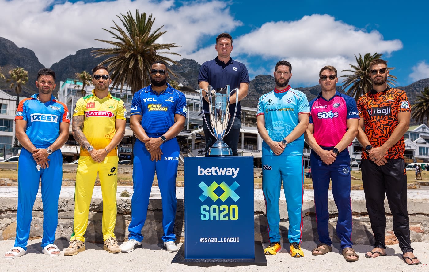 The six SA20 team captains and league commissioner Graeme Smith pose with the trophy