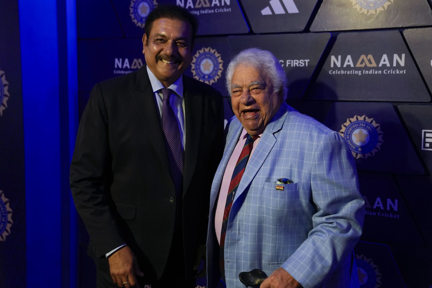 Ravi Shastri and Farokh Engineer share a laugh at the BCCI awards night