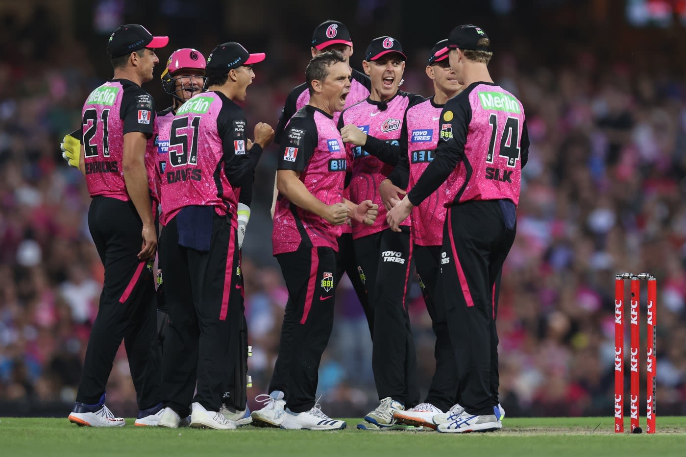 Steve O'Keefe celebrates the key wicket of Josh Brown