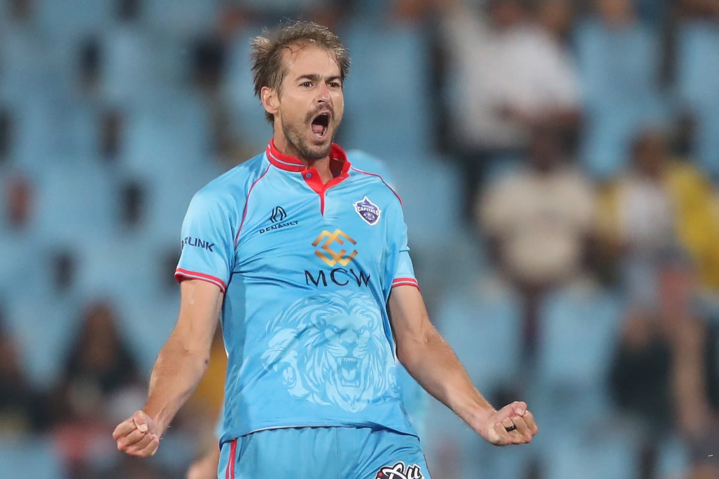Daryn Dupavillon exults after taking a wicket