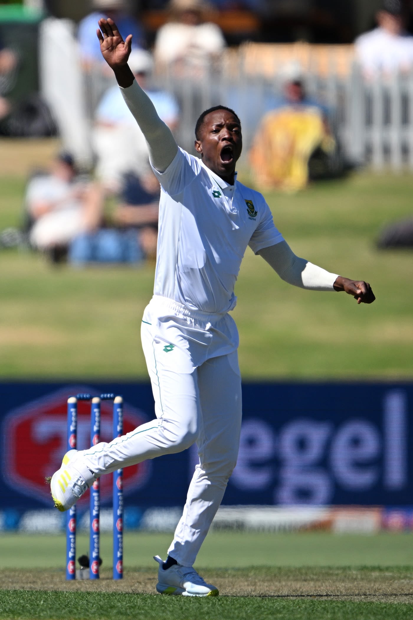 Tshepo Moreki struck with his first ball in Test cricket, taking out Devon Conway lbw