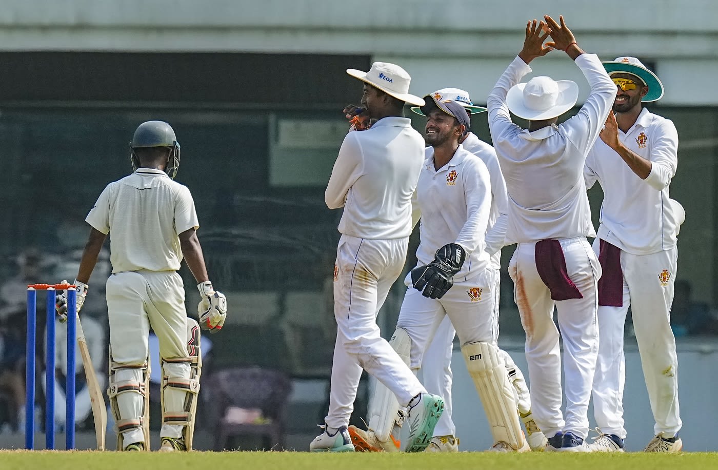 Karnataka's players celebrate the wicket of S Lokeshwar