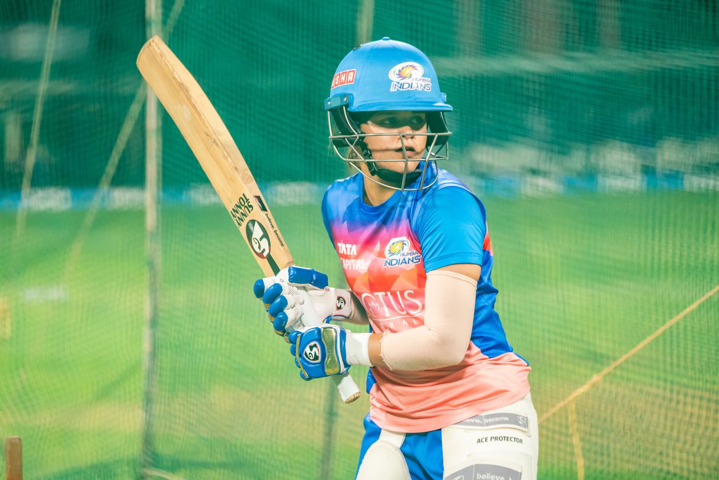 Humaira Kazi prepares in the Mumbai Indians nets