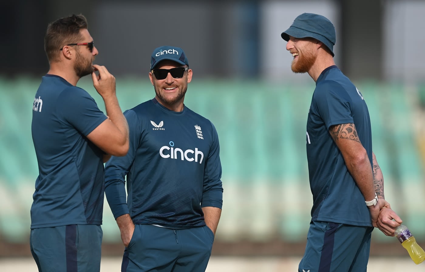 Ben Stokes, Brendon McCullum and selector Luke Wright in discussion