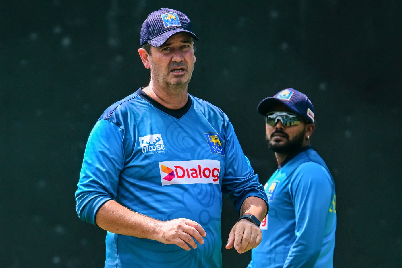 Sri Lanka's spin-bowling coach Craig Howard and Wanindu Hasaranga at a training session