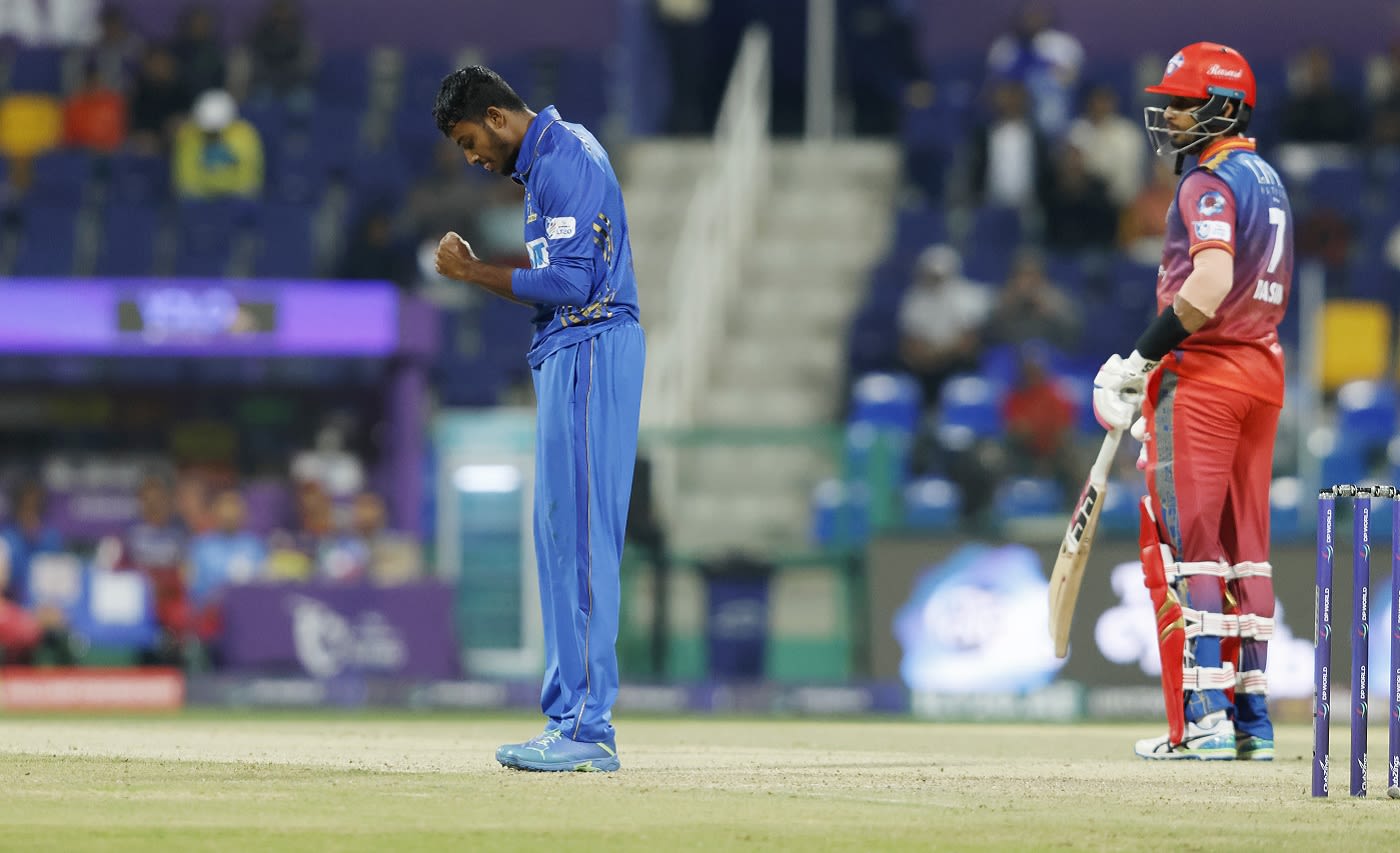 Vijayakanth Viyaskanth celebrates the wicket of Ben Dunk