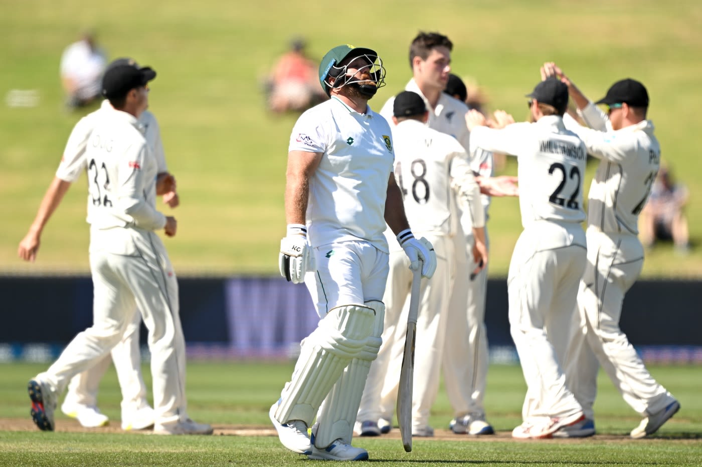 Shaun von Berg walks back as the first victim of day two
