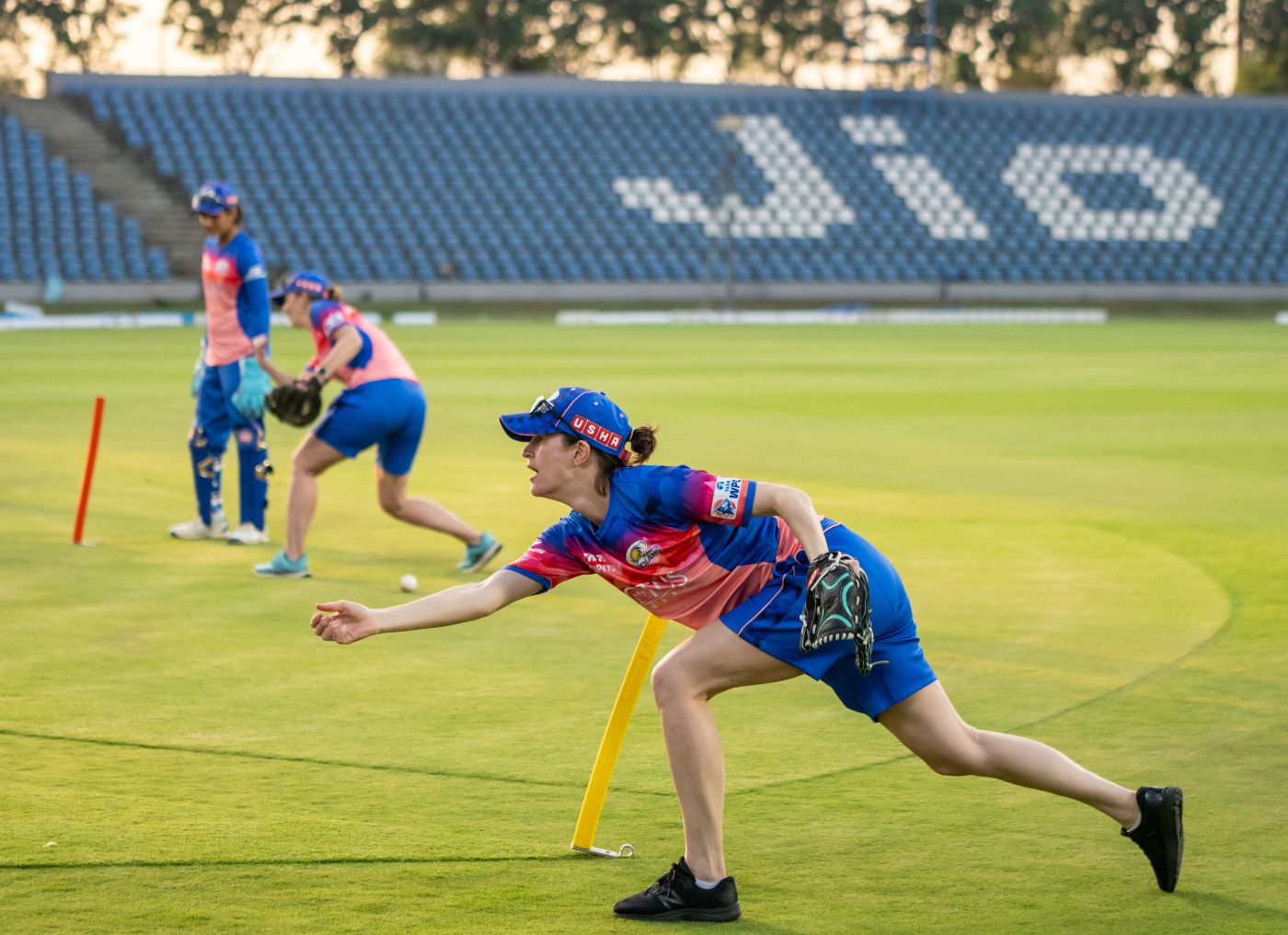 Mumbai Indians fielding coach Lydia Greenway in action at a training camp ahead of WPL 2024