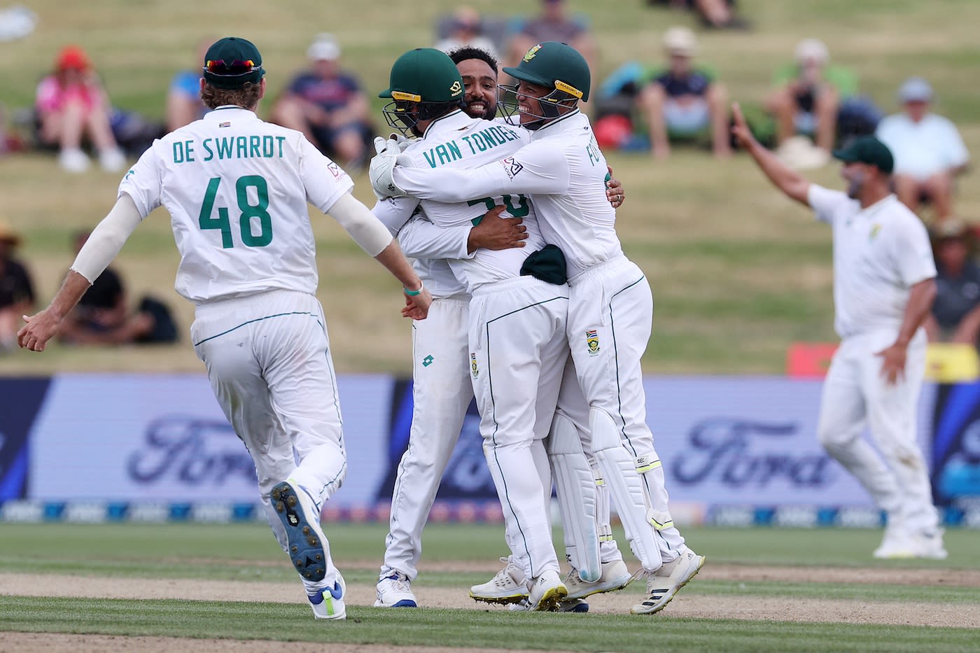 Dane Piedt removed Rachin Ravindra for his eight wicket of the match