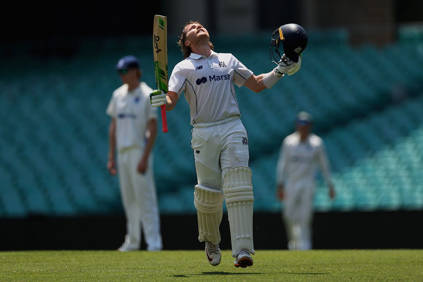 Will Pucovski looks skywards after completing his century