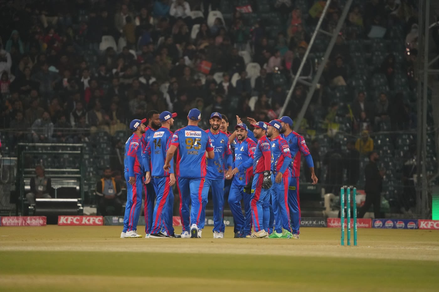 Karachi Kings players celebrate Mir Hamza's early strike