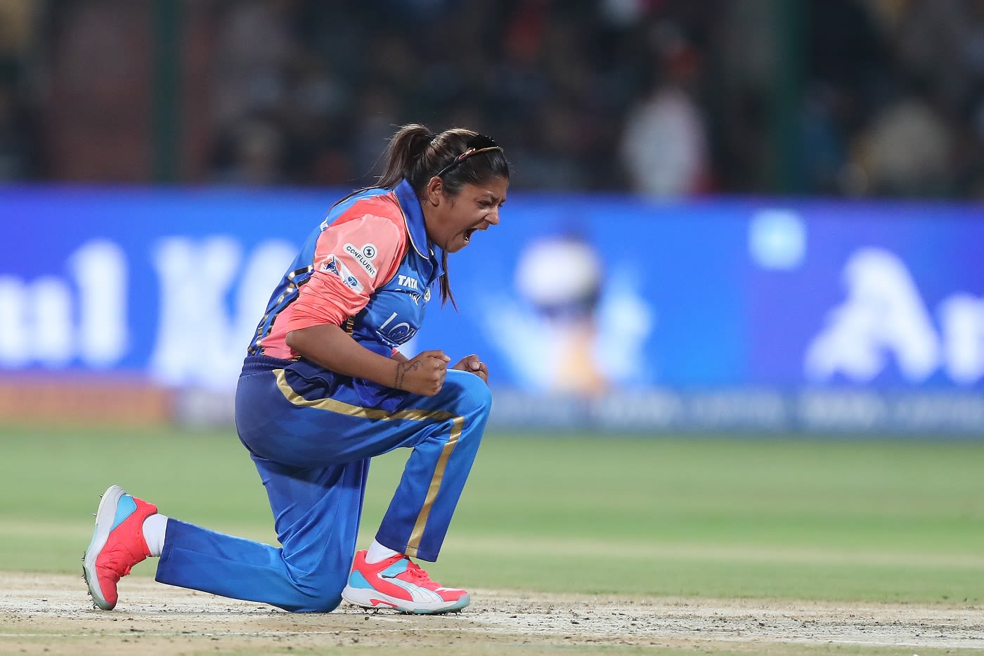 Saika Ishaque celebrates the wicket of Sophie Devine