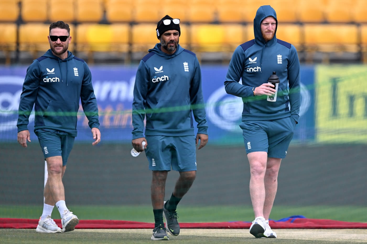 Brendon McCullum, Ben Stokes and Jeetan Patel at a training session