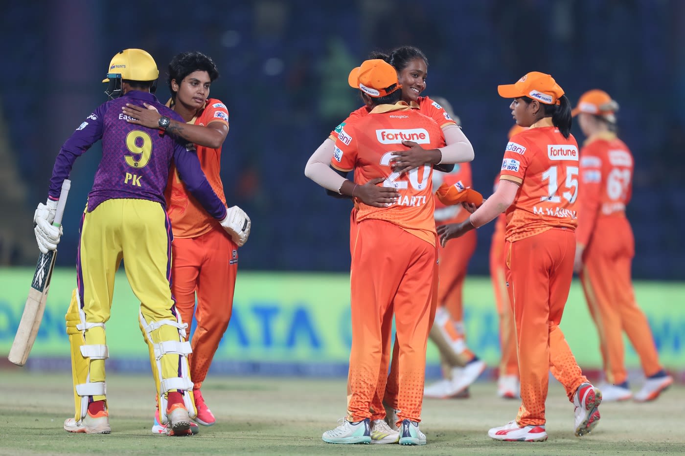 All smiles in the Gujarat Giants camp after they prevailed over UP Warriorz by eight runs