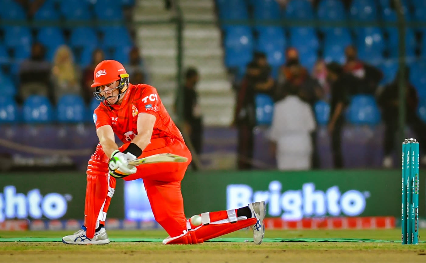 Martin Guptill gets down on one knee to hit the ball