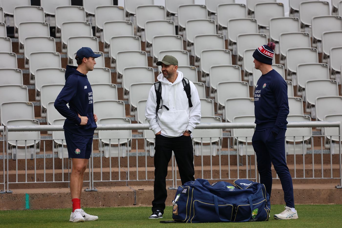 Nathan Lyon chats to his new Lancashire team-mate Tom Hartley