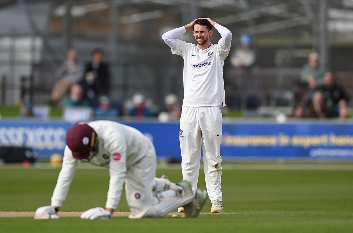 Fynn Hudson-Prentice reacts to a missed run-out chance