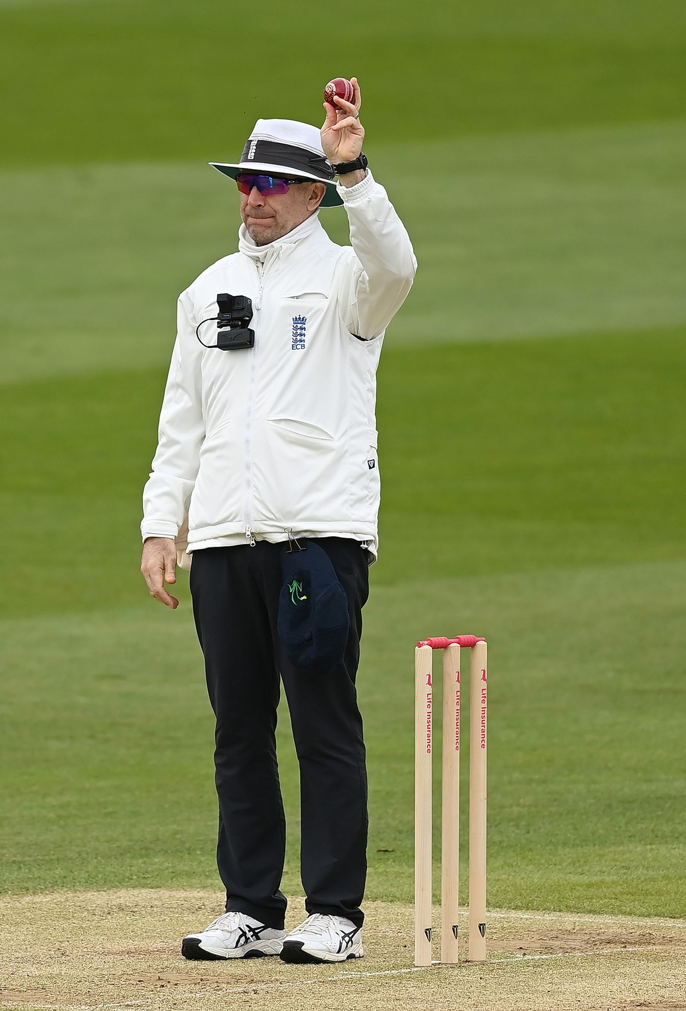 James Middlebrook holds up the new Kookaburra ball after 80 overs