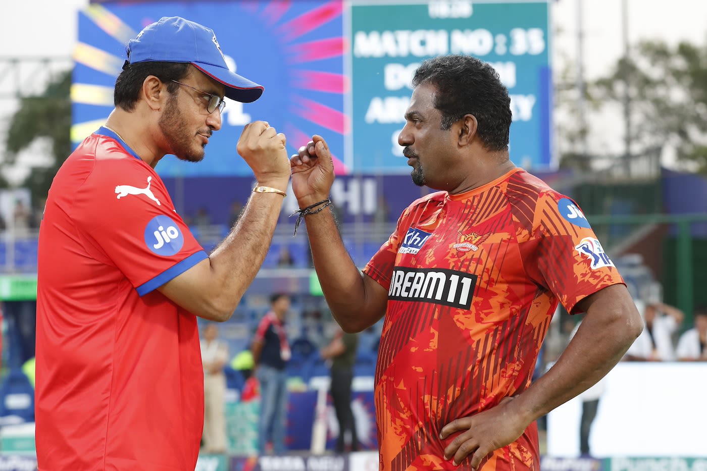 Sourav Ganguly and Muthiah Muralidaran catch up before the game
