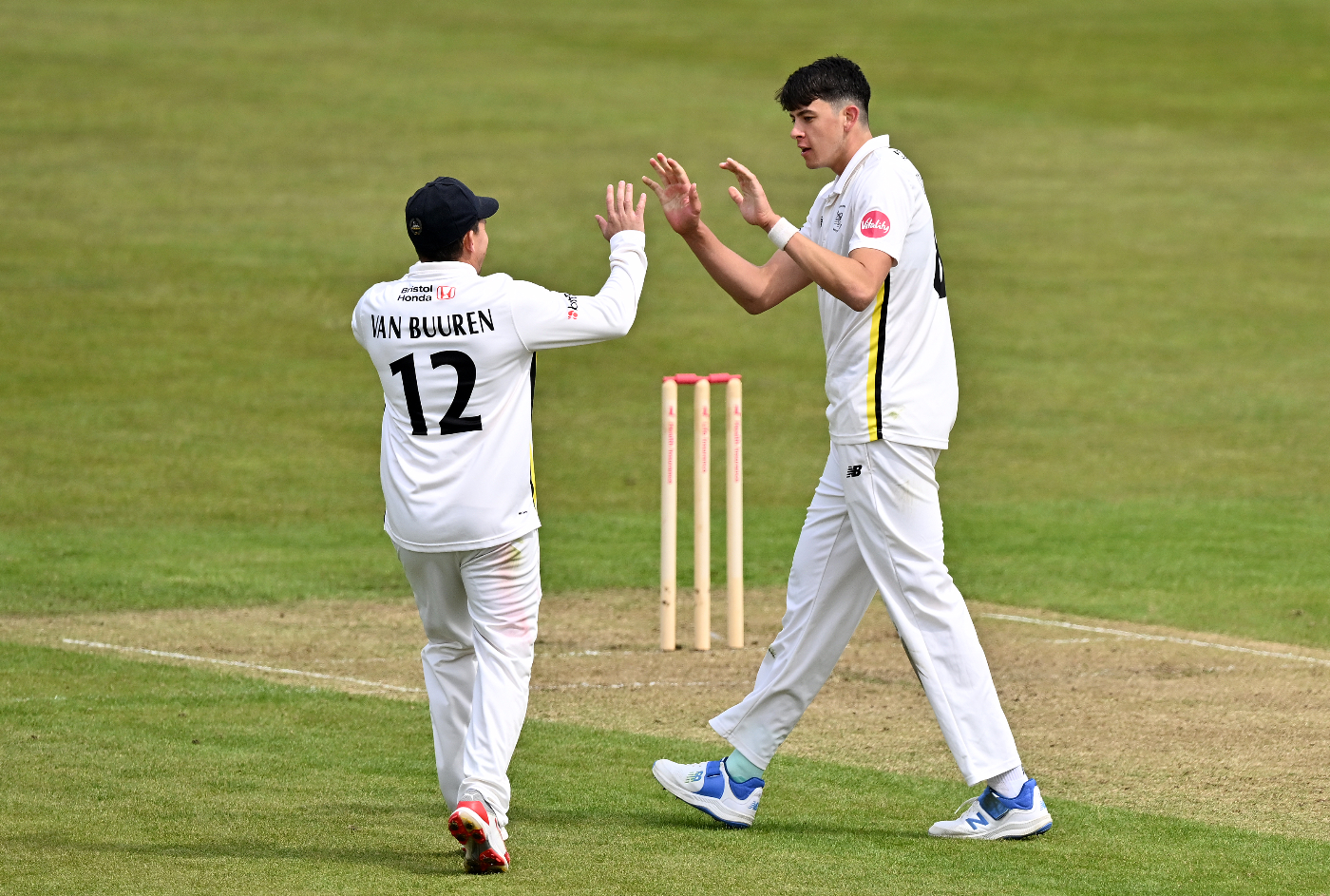 Dominic Goodman celebrates a wicket for Gloucestershire