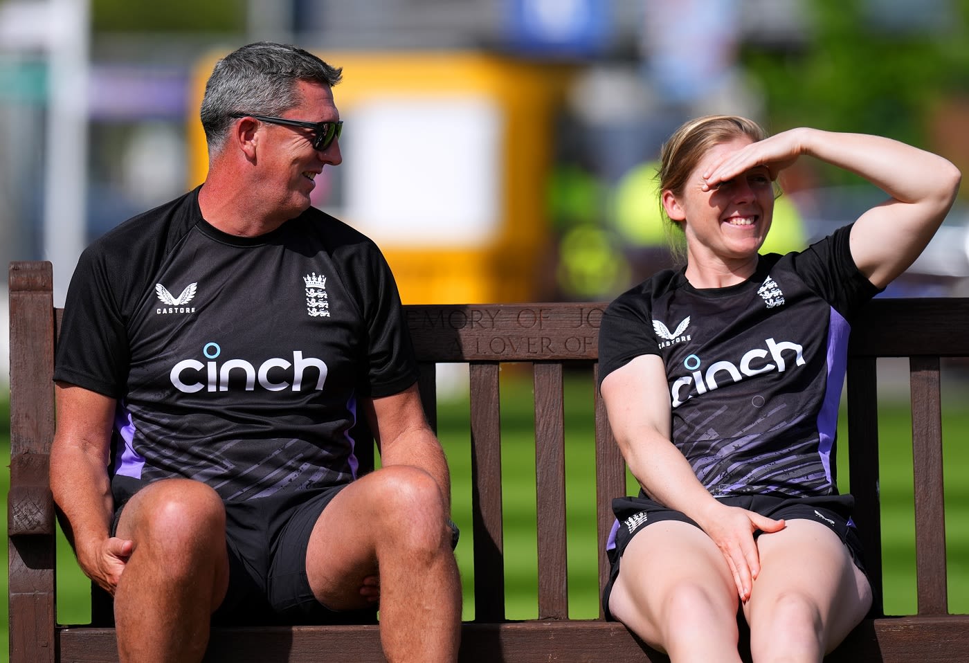 Jon Lewis and Heather Knight share a lighter moment at England training