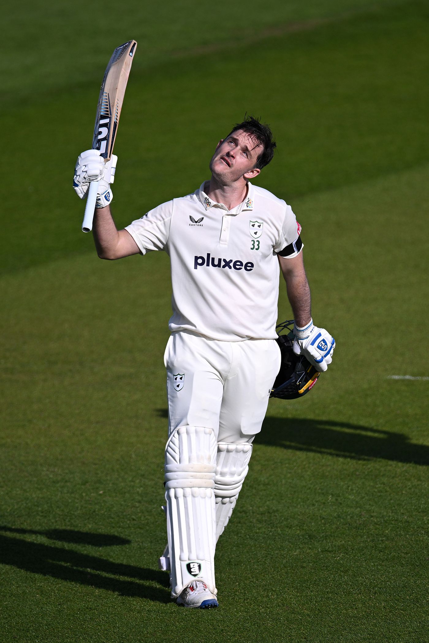 Gareth Roderick looks to the sky after scoring his hundred