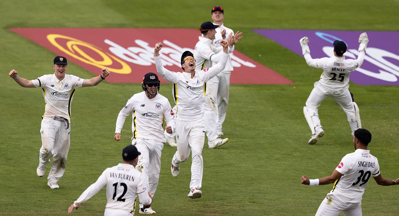 Gloucestershire celebrate after Ajeet Singh Dale took the wicket to confirm victory