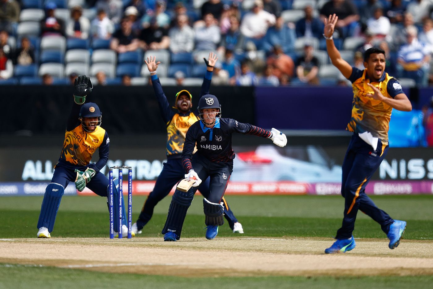 Dushmantha Chameera appeals for Michael van Lingen's wicket