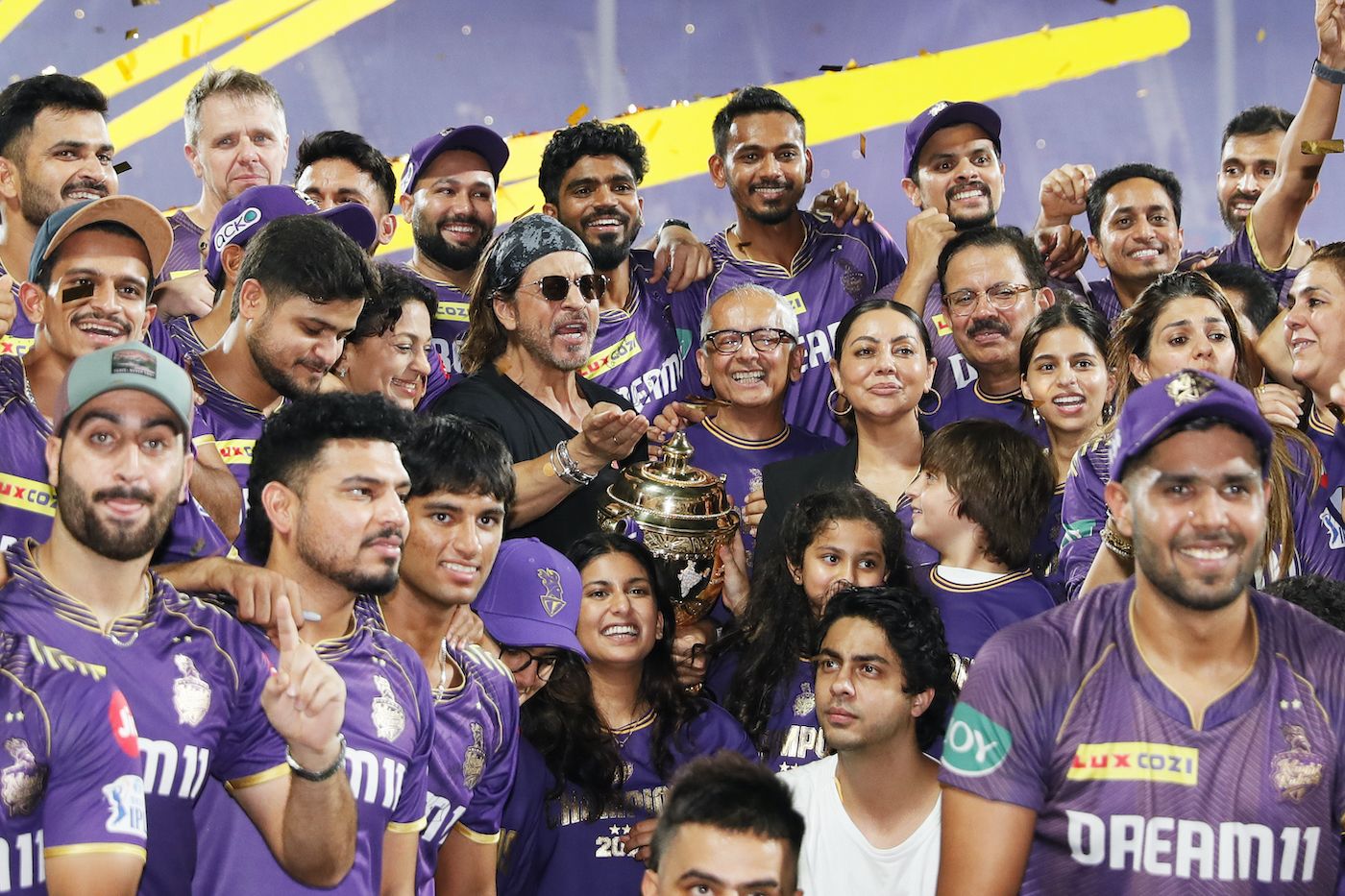 The KKR posse, including the owners Shah Rukh Khan - his family - and Juhi Chawla, celebrate their win
